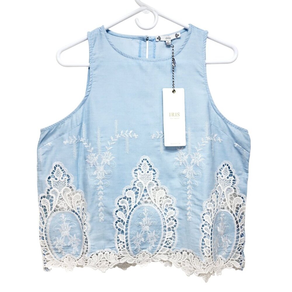 Iris Los Angeles Blue Sleeveless Crop Top With Lace Embroidery Womens Size Large
